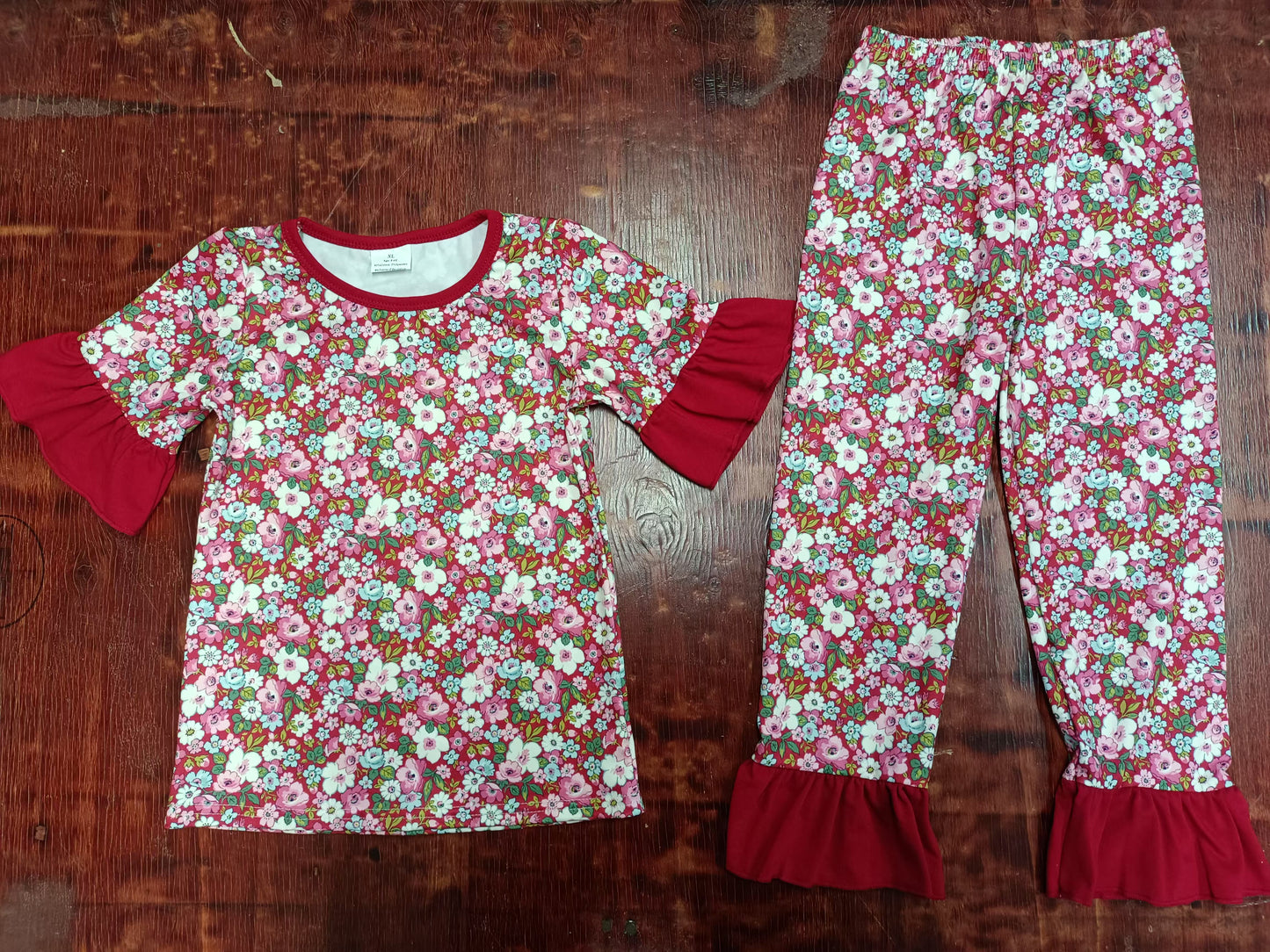 Preorder (moq 5)Baby Girls Wine Flowers Shirt Top Pants Pajamas Clothes Sets