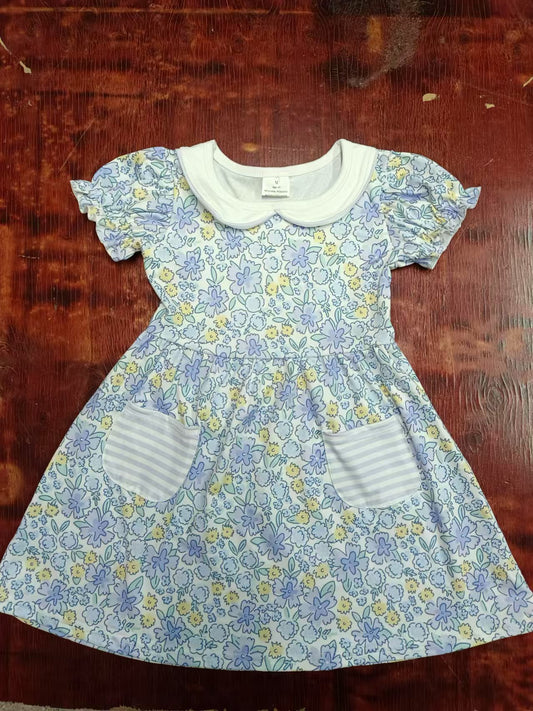Preorder (moq 5)Baby Girls Blue Flowers Short Sleeve Knee Length Dresses