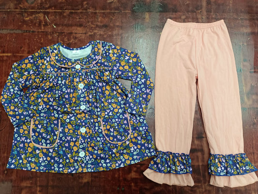 Preorder (moq 5)Baby Girls Spring Small Flowers Pockets Tunic Top Pants Outfits Clothes Sets