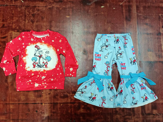 Preorder (moq 5)Baby Girls Dr Reading Hat Shirts Top Bell Bottom Pants Clothes Sets