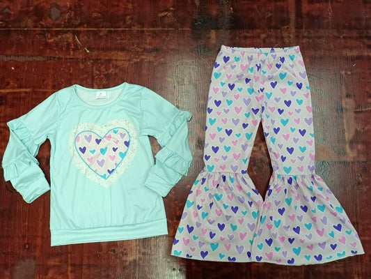Preorder (moq 5)Baby Girls Valentines hearts Shirts Top Bell Bottom Pants Clothes Sets