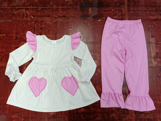 Preorder (moq 5)Baby Girls Valentines Hearts Tunic Top Ruffle Pants Clothes Sets