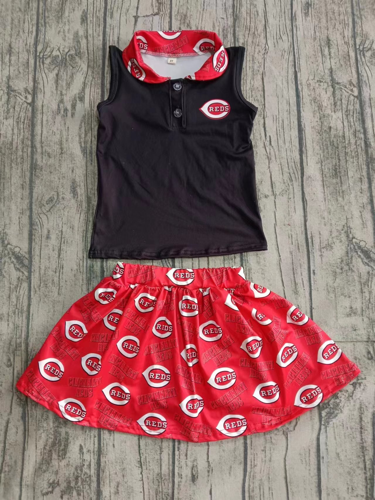 Preorder(moq 5)Baby Girls Black Sleeveless Team Tee Red Shirt Skirts Clothes Sets