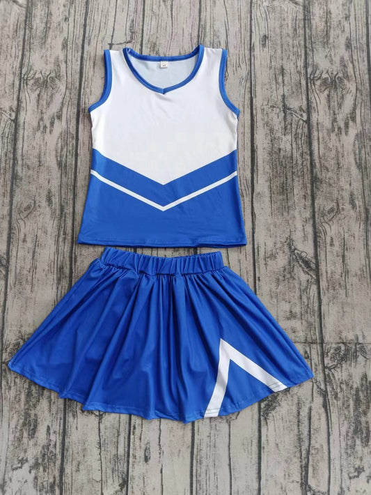 Preorder(moq 5)Baby Girls Blue Sleeveless Cheer Team Tee Shirt Skirts Clothes Sets