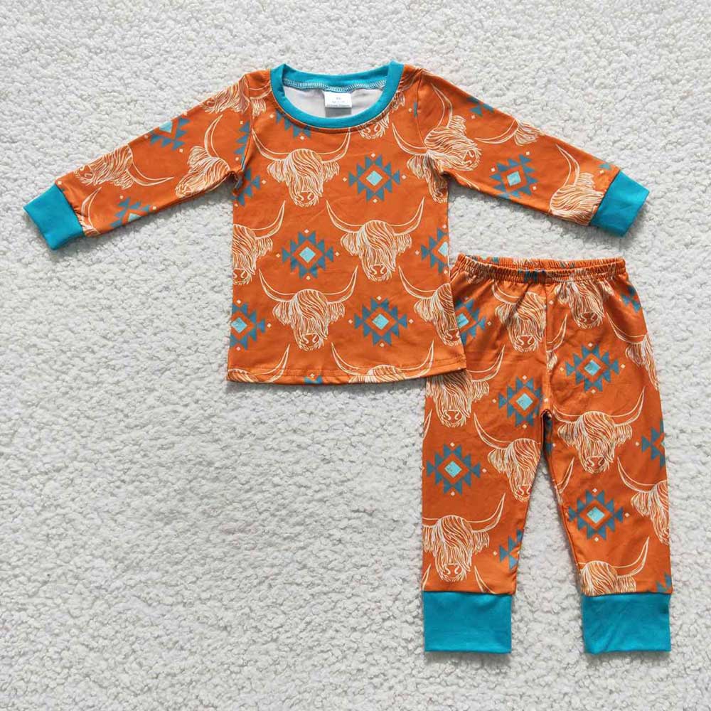 Baby Children Cow Skull Aztec Western Pajamas Clothes Sets