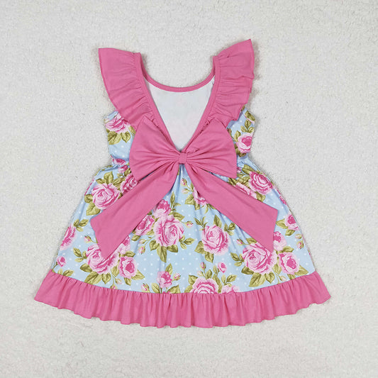 Baby Girls Blue Dots Pink Flowers Bow Knee Length Dresses