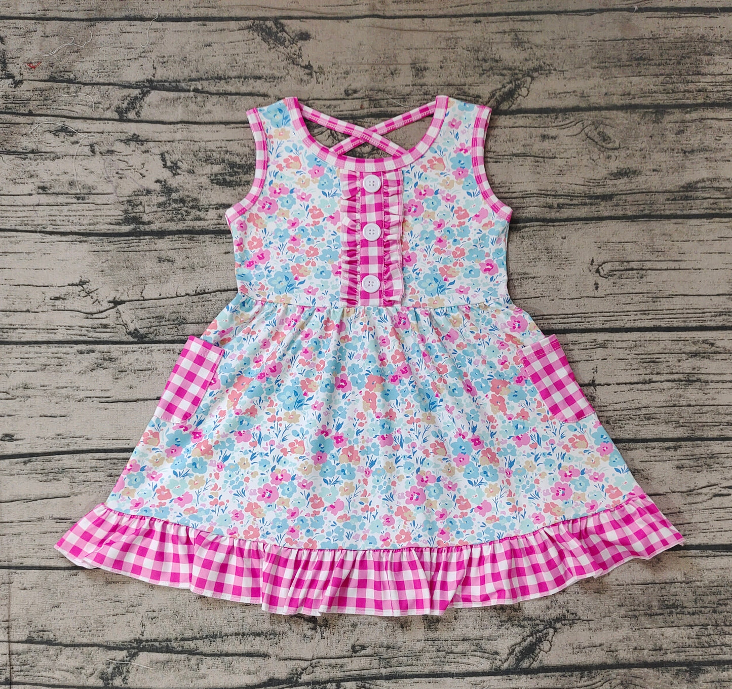 Baby Girls Pink Checkered Floral Sleeveless Pockets Ruffle Dresses