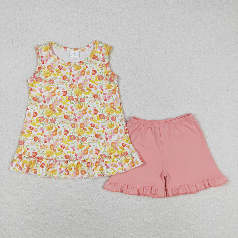 Baby Girls Orange Flowers Sleeveless Top Ruffle Shorts Clothes Sets