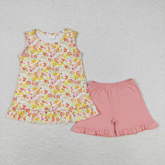 Baby Girls Orange Flowers Sleeveless Top Ruffle Shorts Clothes Sets