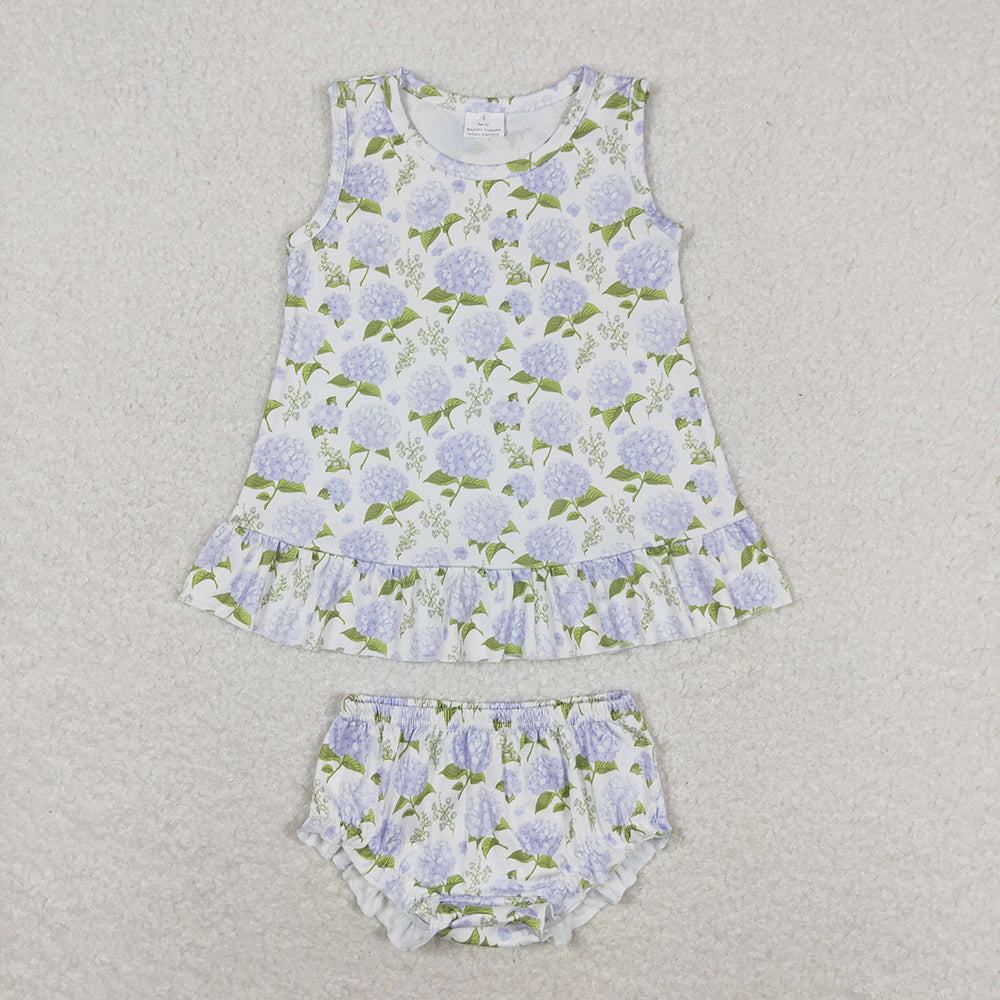Baby Girls Blue Flowers Sleeveless Tunic Top Bummies Clothes Sets