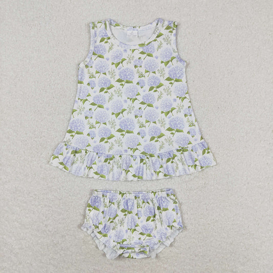 Baby Girls Blue Flowers Sleeveless Tunic Top Bummies Clothes Sets