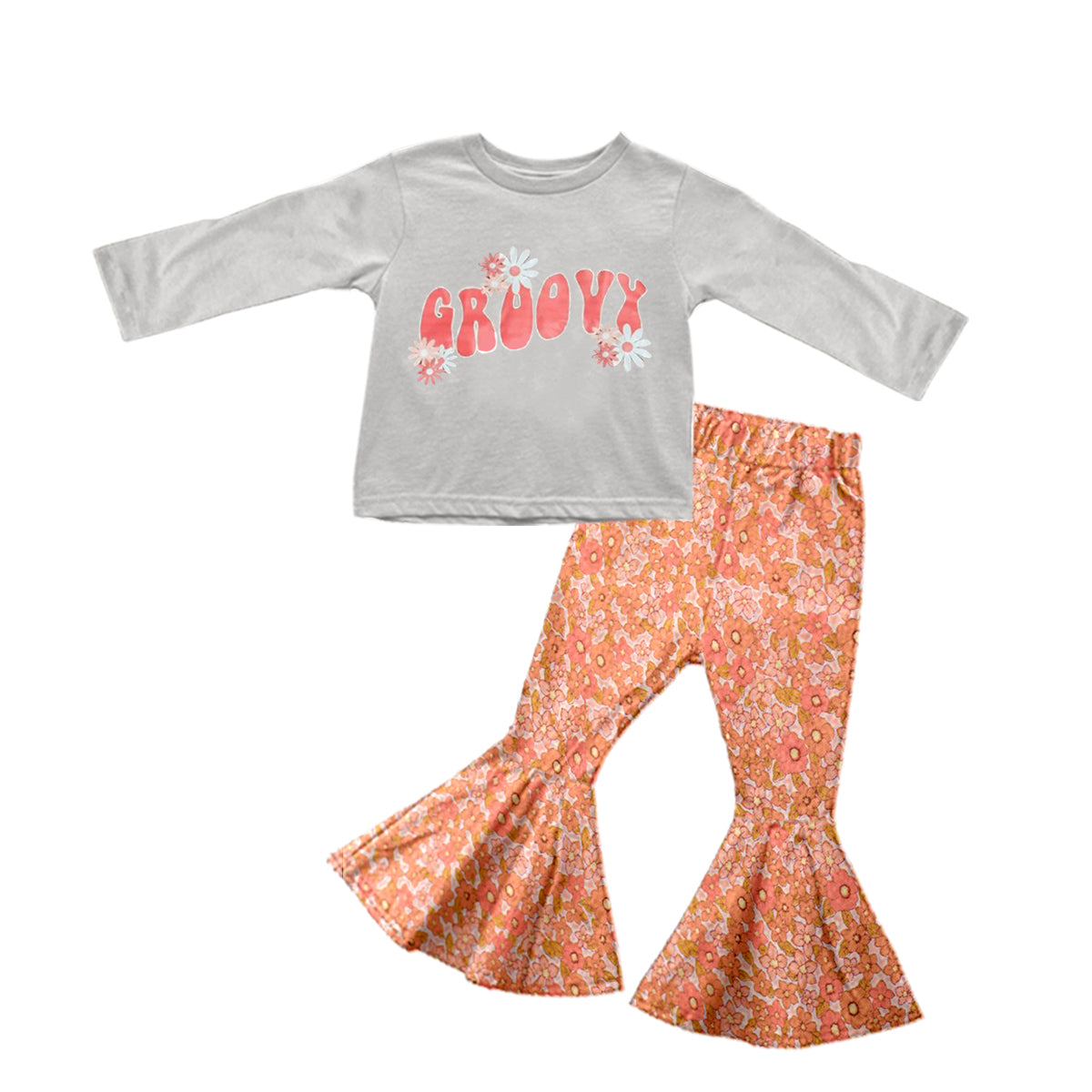 Baby Girls Groovy Grey Tee Shirt Flowers Bell Pants Clothing Sets preorder(moq 5)