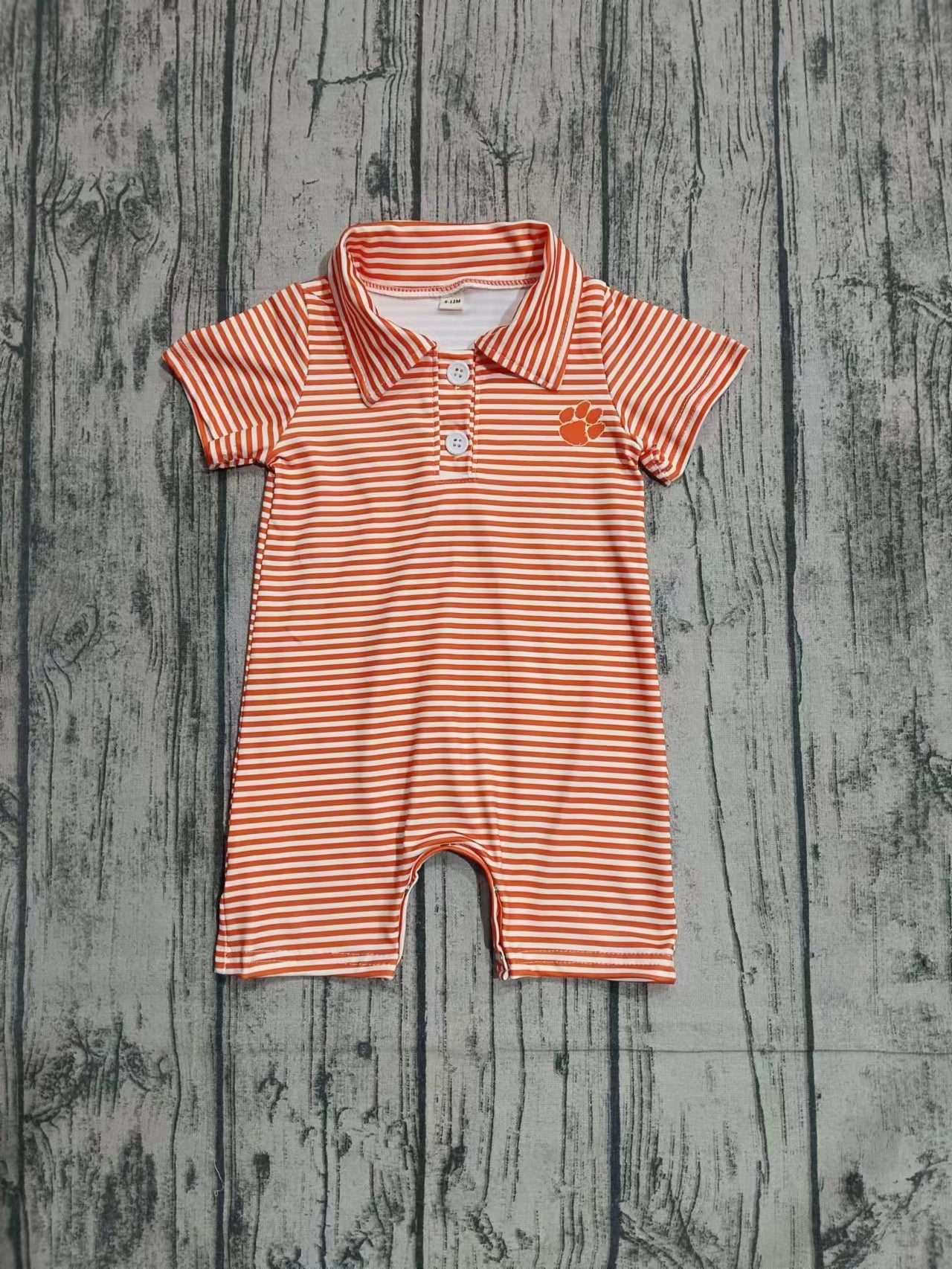Preorder(moq 5)Baby Infant Boys Orange Straipes Team Short Sleeve Buttons Rompers