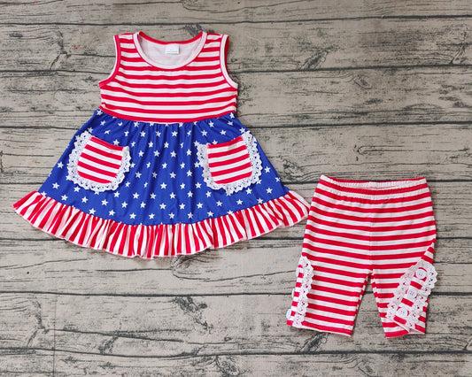 Baby Girls 4th Of July Stars Pockets Tunic Top Ruffle Shorts Clothes Sets