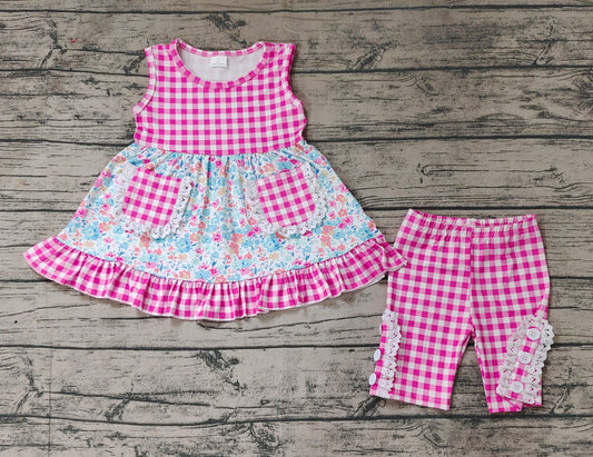 Baby Girls Pink Checkered Floral Tunic Top Ruffle Middle Length Shorts Clothes Sets