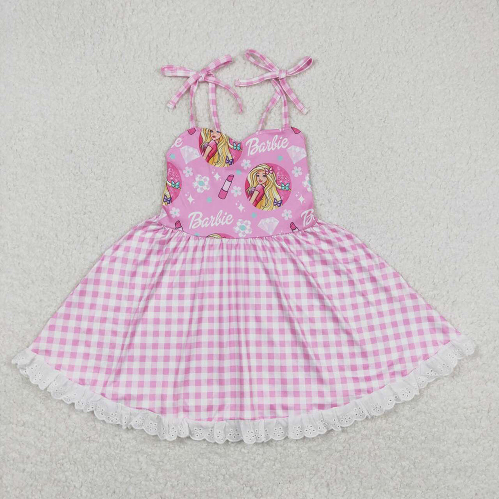 Baby Girls Doll Lace Straps Checkered Knee Length Dresses