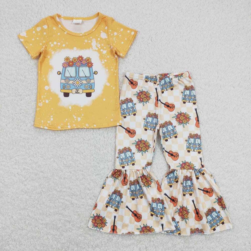 Baby Girls Flowers Guitar Bus Shirts Bell Pants Clothes Sets