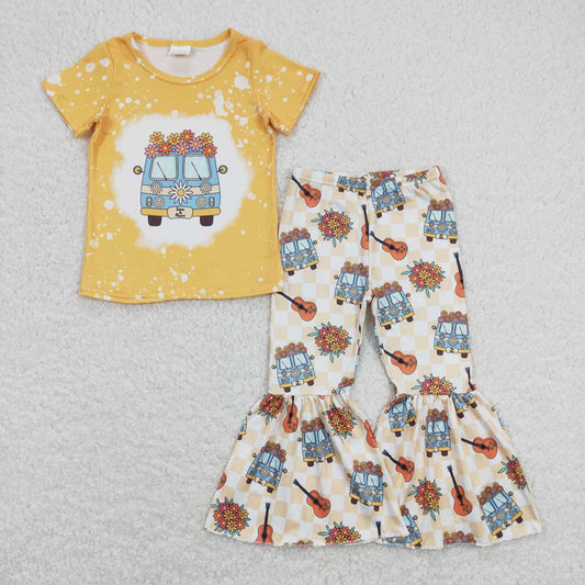 Baby Girls Flowers Guitar Bus Shirts Bell Pants Clothes Sets