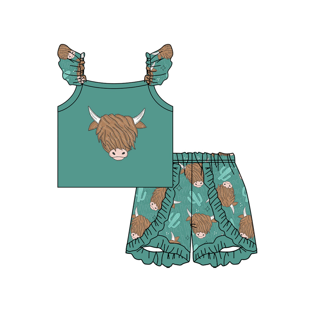 Preorder moq 5 Baby Girls Flutter Sleeves Highland Cow Cactus Top Ruffle Short Sets