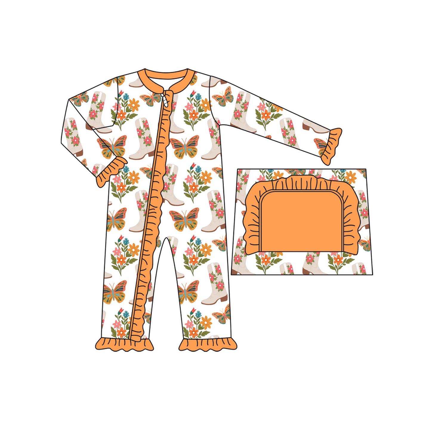 Preorder moq 5 Baby Infant Girls Long Sleeves Butterfly Floral Boots Ruffle Zipper Romper