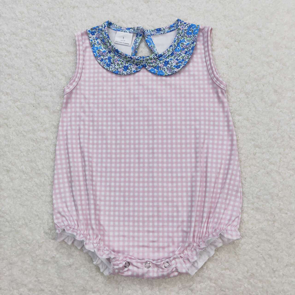 Baby Infant Girls Pink Checkered Blue Floral Collar Rompers