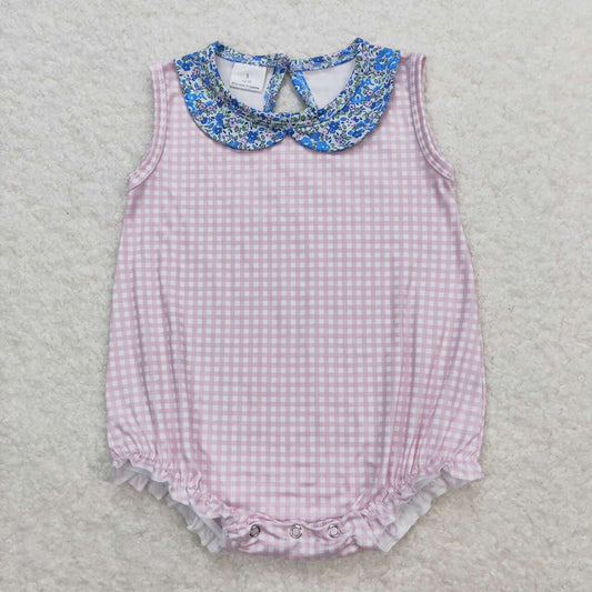 Baby Infant Girls Pink Checkered Blue Floral Collar Rompers
