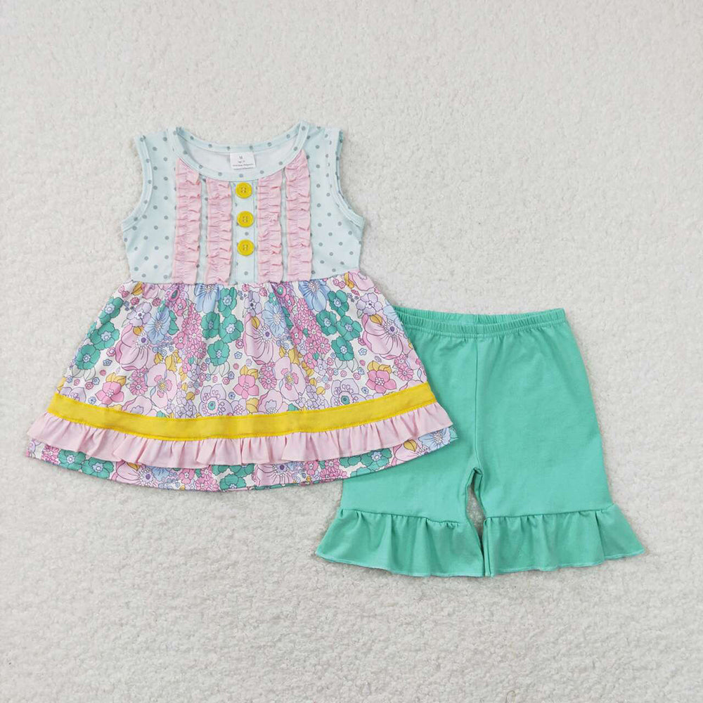 Baby Girls Summer Floral 2-Piece Top & Shorts Set – Cream & Navy Blue
