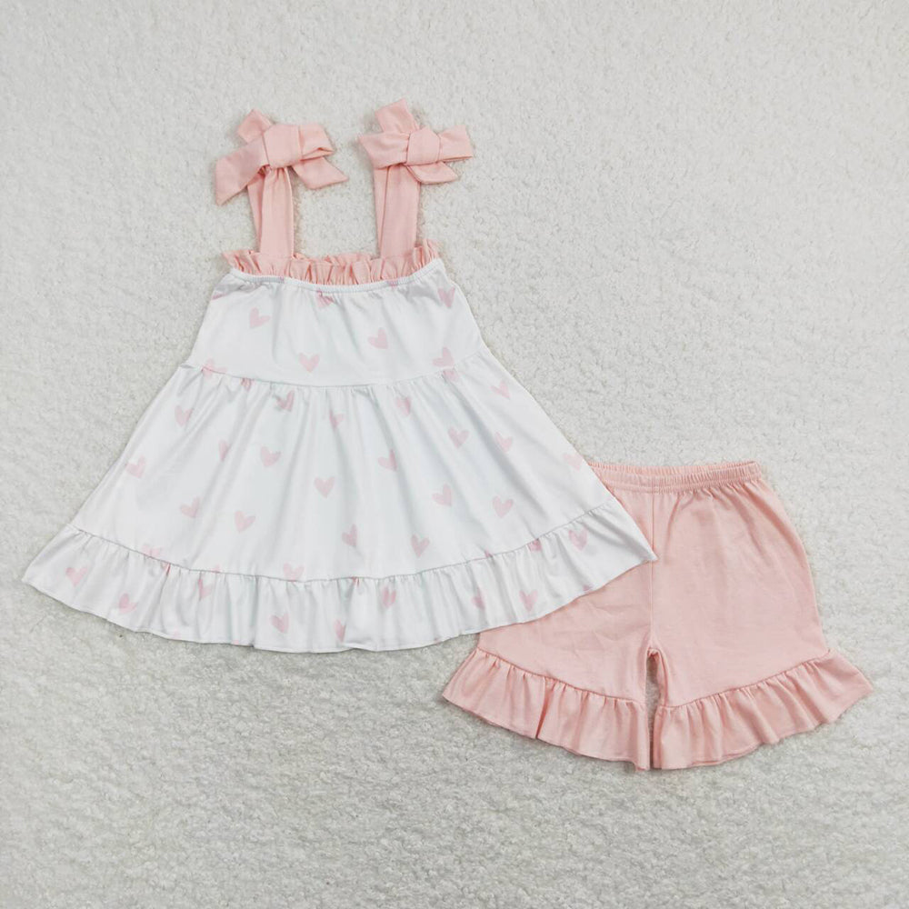 Baby Girls Valentines Pink Hearts Straps Tunic Shorts Outfits Clothing Sets