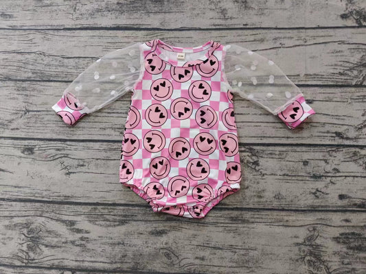 Preorder(moq 5)Baby Infant Girls Valentines Pink Checkered Smile Long Sleeve Rompers