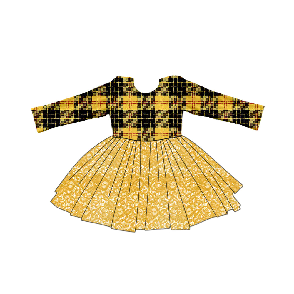 Baby Girls Gold Black Plaid Top Lace Ruffle Dresses preorder(moq 5)