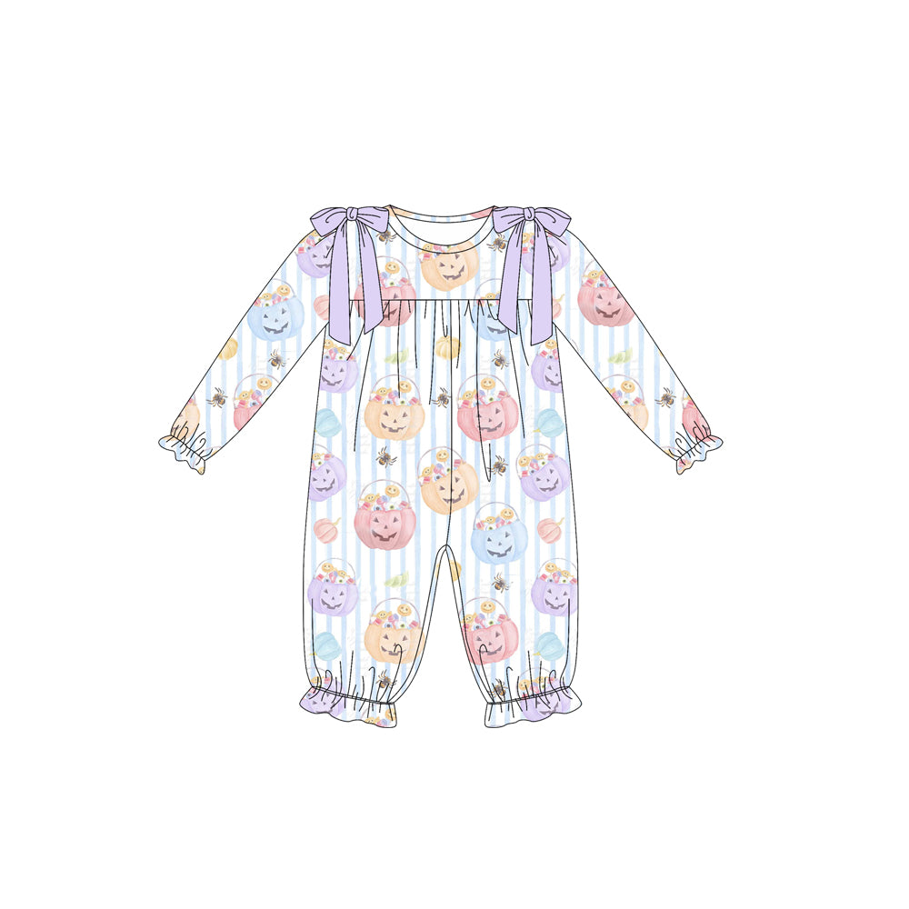 Preorder moq 5 Baby Girls Long Ruffle Sleeves Ghost Pumpkins Stripes Pant Rompers