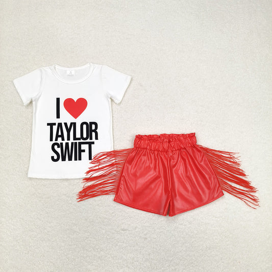 Baby Girls I Love Singer Shirts Tops Red Leather Tassel Shorts Clothes Sets