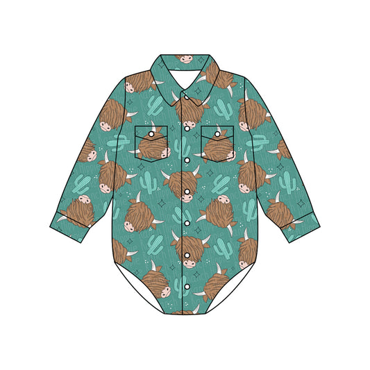 Preorder moq 5 Baby Boys Long Sleeves Highland Cow Cactus Button Pockets Rompers