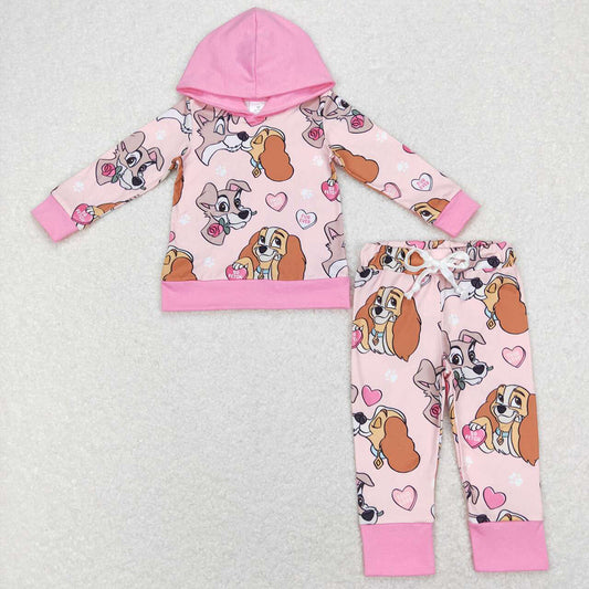 Baby Girls Pink Dogs Valentines Hooded Tee Top Pants Clothes Sets