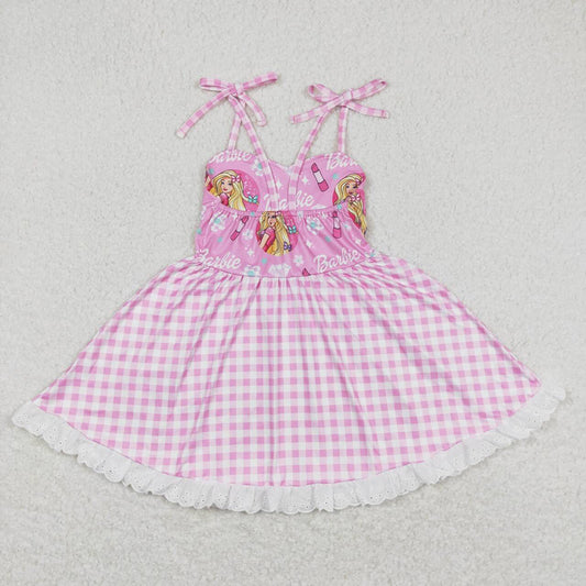 Baby Girls Doll Lace Straps Checkered Knee Length Dresses