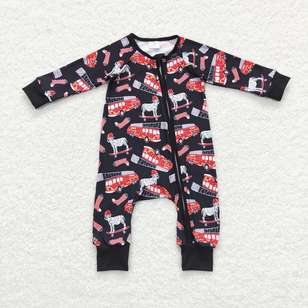 Baby Infants Boys Firetruck Zip Long Sleeve Rompers