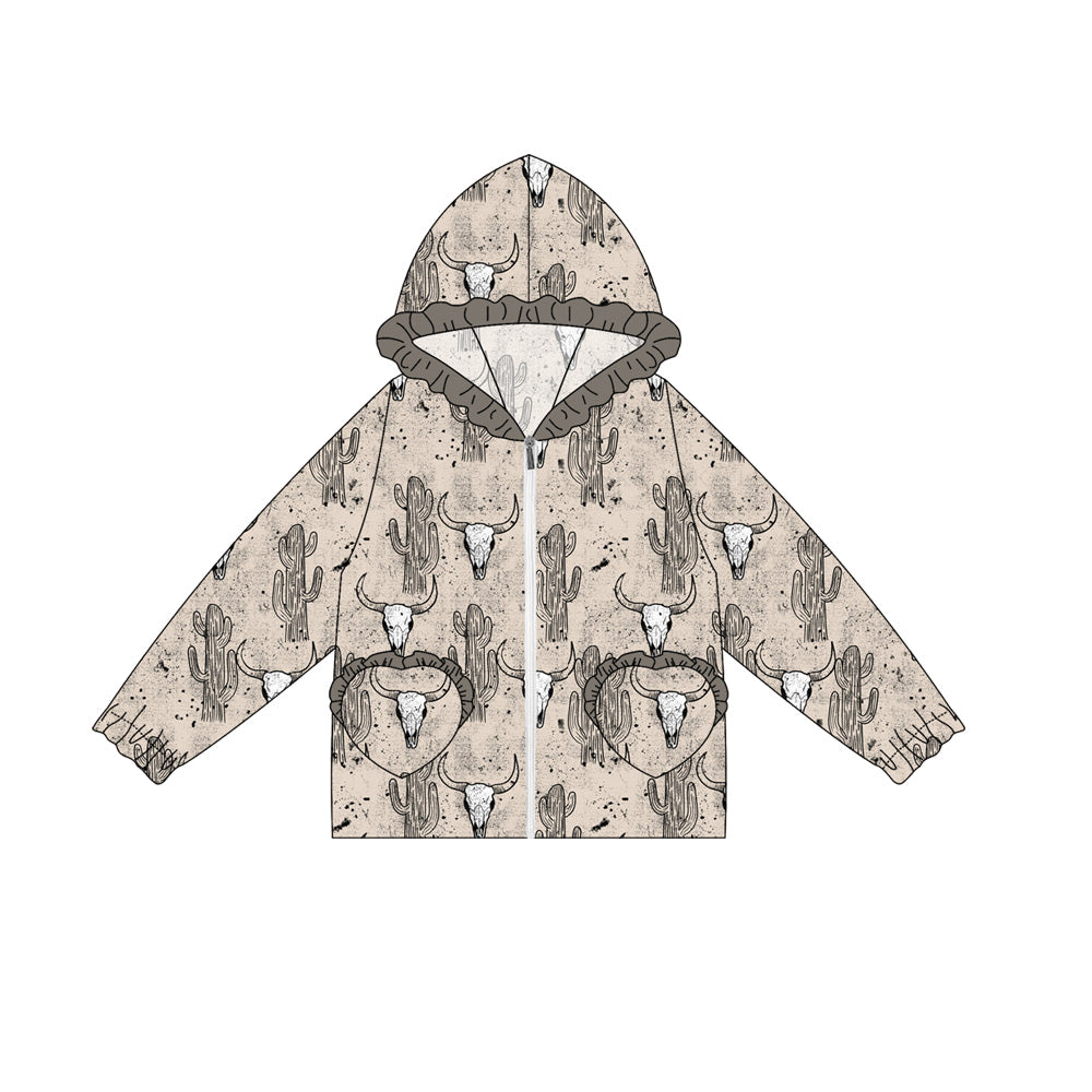 Preorder(moq 5) Baby Girls Long Ruffle Sleeves Gray Cactus Bull Skull Pockets Zipper Hoodies Top