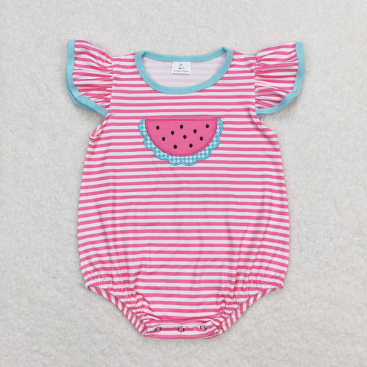 Baby Girls Pink Stripes Watermelon Flutter Sleeve Rompers