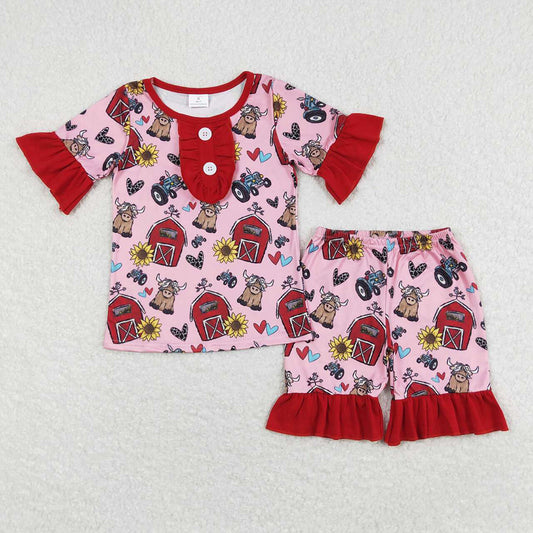 Baby Girls Red Farm Sunflower Shirt Top Ruffle Shorts Pajamas Clothes Sets