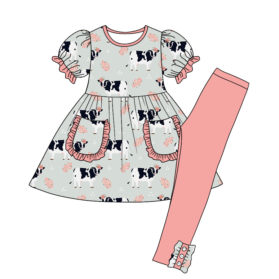 Baby Girls Western Cow Pink Tunic Top Pants Clothes Sets preorder(moq 5)