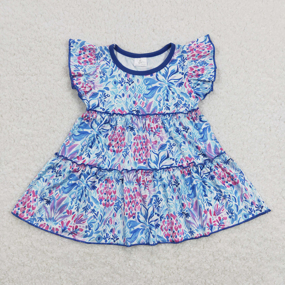Baby Girls Summer Flutter Sleeve Blue Flowers Tunic Tops