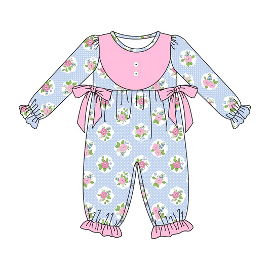 Baby Infant Girls Blue Flowers Long Sleeve Bows Rompers preorder(moq 5)