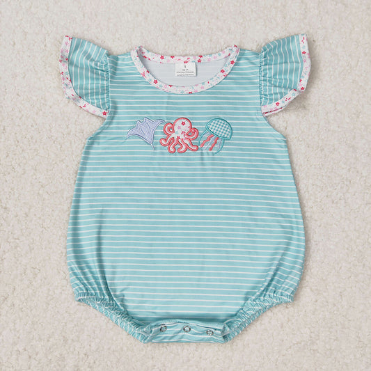 Baby Girls Blue Stripes Octopus Flutter Sleeve Rompers