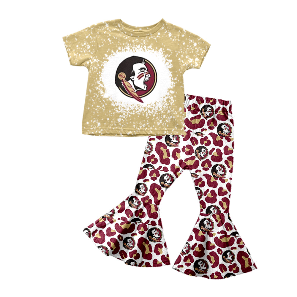 Baby Girls Team Maroon Tee Shirt Leopard Bell Pants Clothing Sets preorder(moq 5)