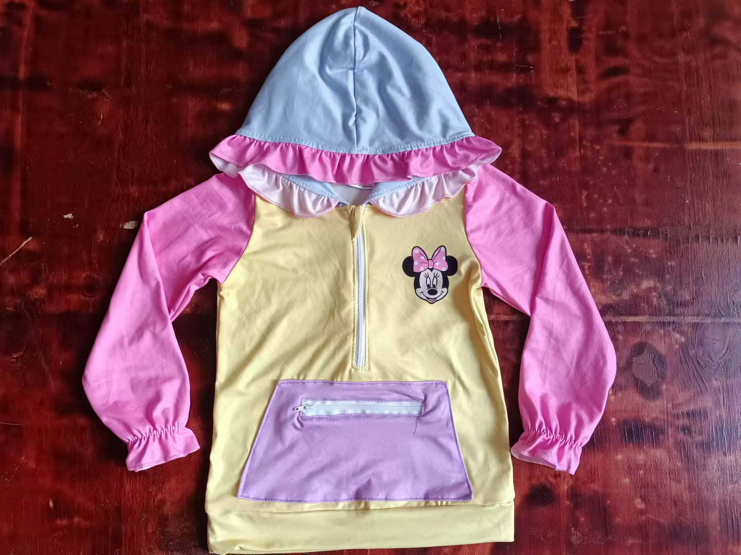 Baby Girls Cartoon Mouse Hooded Ruffle Long Sleeve Zip Tops preorder(moq 5)