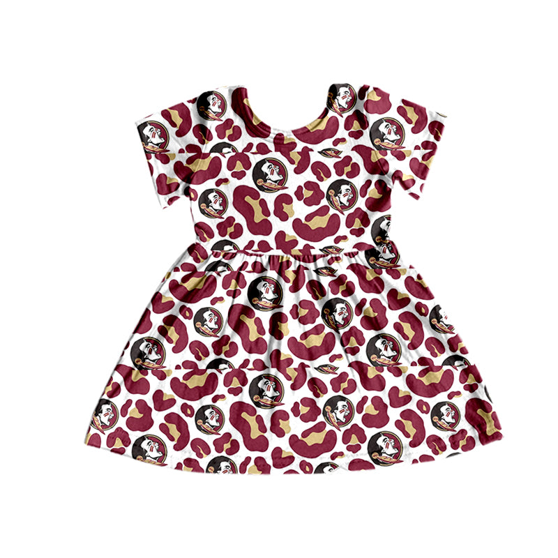 Baby Girls Maroon Leopard Football Team Short Sleeve Dresses preorder(moq 5)