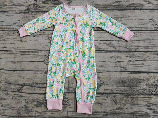 Baby Infant Girls Pink Flowers Green Zip Rompers preorder(moq 5)