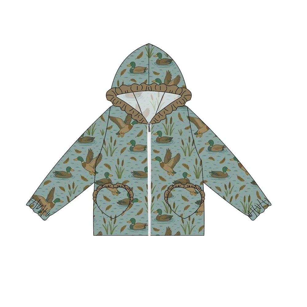 Preorder(moq 5) Baby Girls Long Ruffle Sleeves Green Ducks Plaid Pockets Zipper Hoodies Top