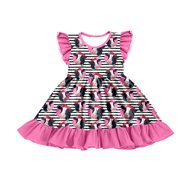 Baby Girls Western Highland Cow Pink Stripes Knee Length Dresses preorder(moq 5)