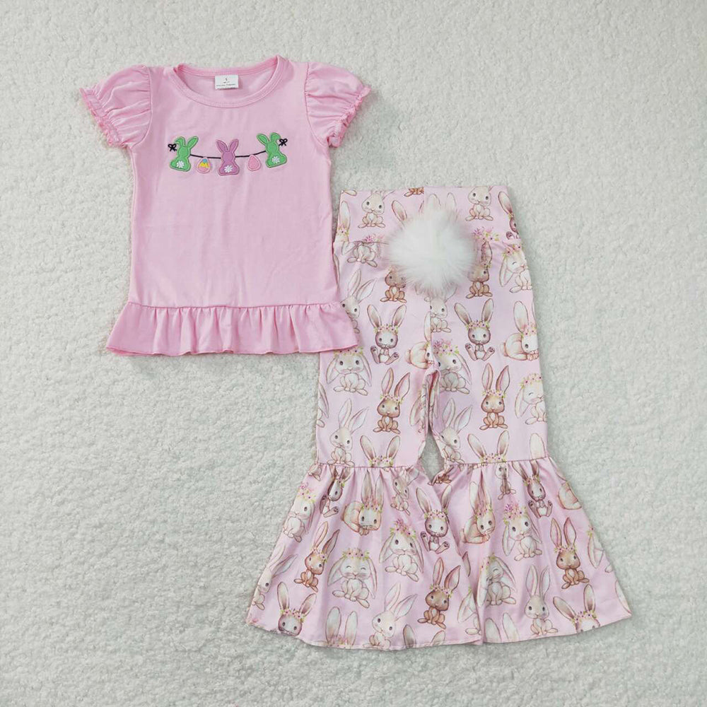 Baby Girls Easter Rabbits Embroidery Shirt Top Bell Pants Clothes Sets